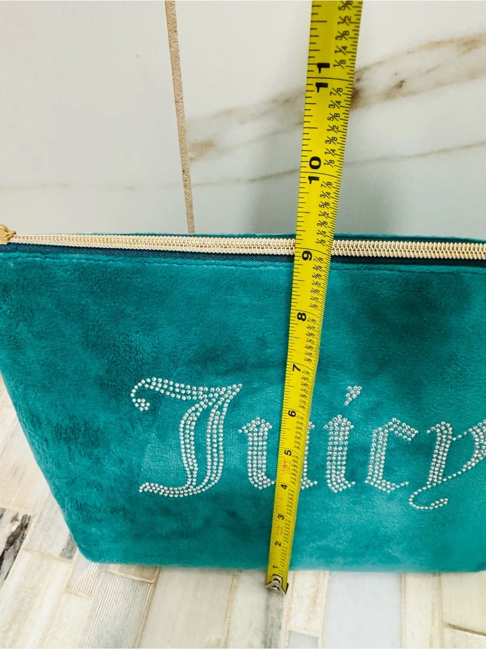 Juicy Couture Teal Velour Cosmetic Makeup Travel Pouch Rhinestone Logo